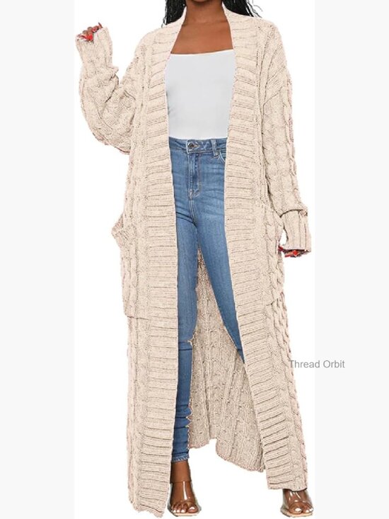 Sweaters - Chunky Cable Knit Open Front Cardigan with Pockets Long Maxi